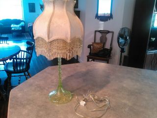 Vintage Vaseline Glass Table Lamp.  Victorian Beaded Shade.  23 Inches Tall.  Uranium.