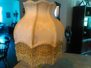 Vintage Vaseline Glass Table Lamp.  Victorian Beaded Shade.  23 inches tall.  Uranium. 6