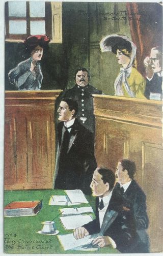 Edwardian Police Court Scene,  Woman In Dock,  Suffragette / Emancipation (?)