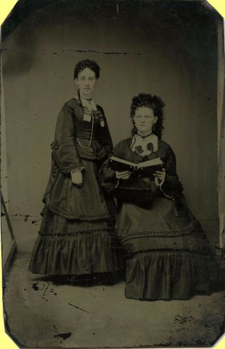Unusual Pose & Exc 1870s Tintype,  2 Women Reading A Photo Album,  Frizzy Hair