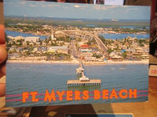 Vintage Old Postcard Florida Fort Ft Myers Beach Amusement Park Pier Bridge View