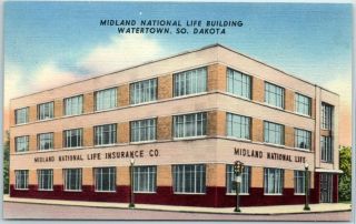 Watertown Sd Postcard " Midland National Life Building " Street View Linen C1940s