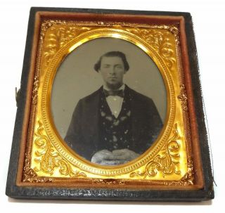 Antique 1/6 Plate Ambrotype Photo Young Man In Suit With Bowtie & Clasped Hands