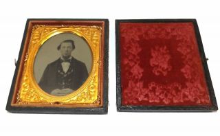 Antique 1/6 Plate Ambrotype Photo Young Man in Suit with Bowtie & Clasped Hands 2