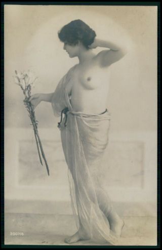 French German Nude Woman With Flower Early 1900s Photo Postcard