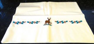 Pair 2 Vintage 1998 Queen Size Embroidered Pillowcases Yellow Deer Acorns Cabin