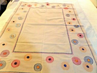Vtg Tablecloth 48 X 60,  Ecru Heavy Cotton,  H - Embroidered With Colorful Circles,