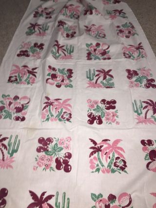 Vintage Pink Table Cloth Cactus Cherries Palm Trees Fruit Strawberries