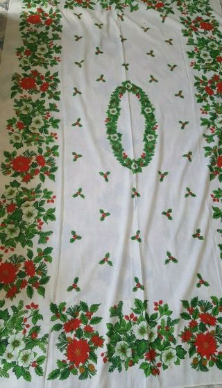 Vintage Christmas Table Cloth - Holly Poinsettias White
