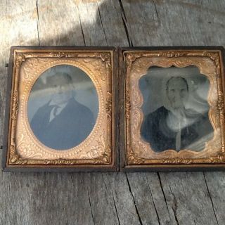 Antique Large Daguerreotype Pictures Man Woman Photos In Case Writing Inside