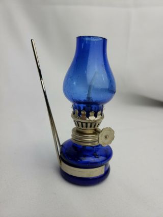 Vintage Miniature Oil Lamp Cobalt Blue Glass W/brass Burner And Wall Mount