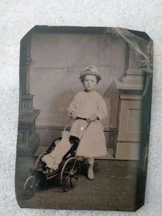 Antique Tintype Photo Girl Hat Boots Doll & Carriage Adorable