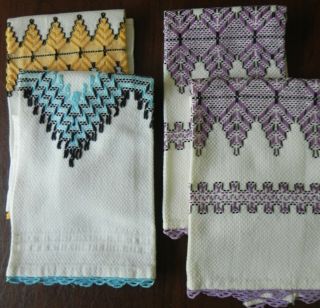 Set Of 4 Vintage Geometric Embroidered Cotton Hand Towels