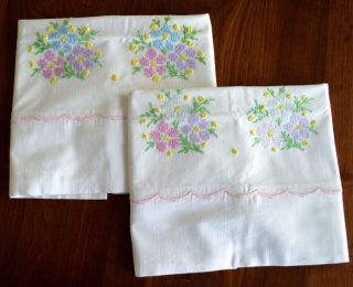 Vintage Pair Hand Embroidered Cross Stitched Pillowcases 100 Cotton Florals
