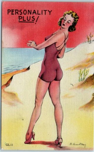 Pin - Up Girl Postcard Artist - Signed B Armstrong " Personality Plus " Linen Gl - 11