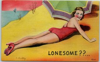 1940s Pin - Up Girl Linen Postcard Artist - Signed B.  Armstrong " Lonesome?? " Gl - 4