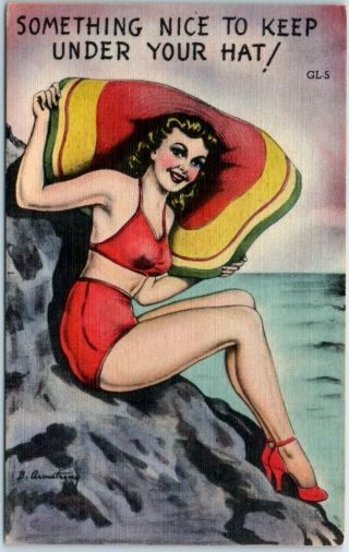 1940s Pin - Up Girl Linen Postcard Artist - Signed B.  Armstrong Girl Large Hat Gl - 5