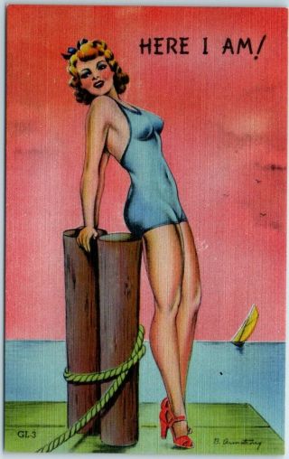 1940s Pin - Up Girl Linen Postcard Artist - Signed B.  Armstrong " Here I Am " Gl - 3