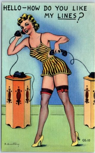 1940s Pin - Up Girl Postcard Artist - Signed B Armstrong " Like My Lines? " Gl10 Linen