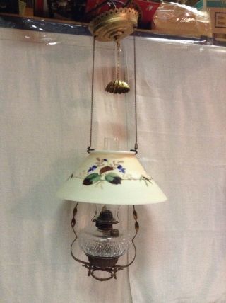 Vintage Antique Brass Hanging Oil Lamp W/ Glass Shade Font Motor Smoke Bell