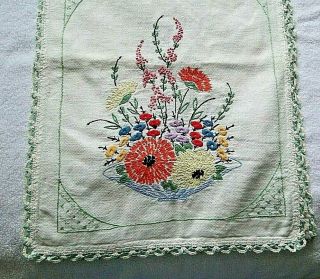 Vintage Table Runner Dresser Scarf Embroidered Flowers Colorful Green Border