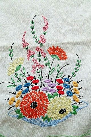 Vintage table runner dresser scarf embroidered flowers COLORFUL GREEN BORDER 2