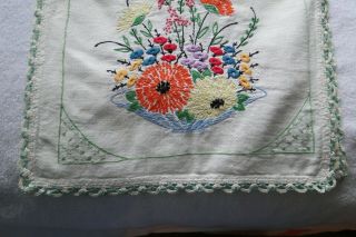 Vintage table runner dresser scarf embroidered flowers COLORFUL GREEN BORDER 4