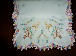 Vintage Embroidered Table Runner Dresser Scarf Linen Flower Basket Crochet Edge