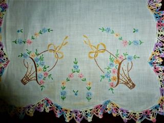 Vintage Embroidered Table Runner Dresser Scarf Linen Flower Basket Crochet Edge 3