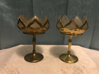 Pair Farber Bros Solid Brass Candlestick Holders With Glass Inserts 6.  5 Inches