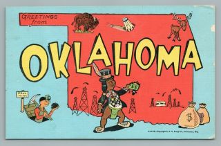 Greetings From Oklahoma Vintage Map Linen Comic Kropp Rare Indian Vintage Oil