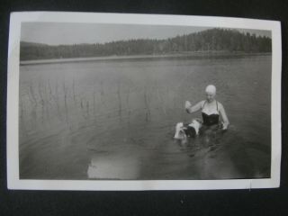 Woman In Lake Wades With Pet Dog Swim Cap Bathing Suit Vtg B/w Photo Snapshot