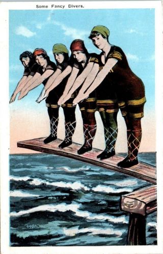 1910s Vintage Beach Postcard Old Full Bathing Suit Swimsuit Fancy Divers Caps