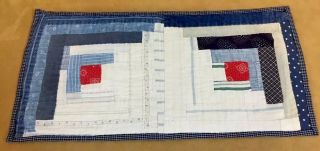 Vintage Patchwork Quilt Table Runner,  Small,  Log Cabin,  Blue,  Red,  Calico Prints