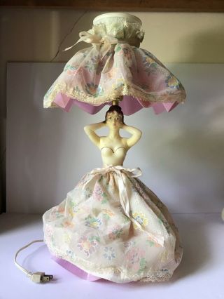 Vintage Plastic Woman Doll Lamp Pink Material Dress & Shade Cute Boudoir