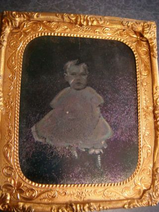 Antique Tintype Photograph Of A Young Child In Gilt Metal Frame