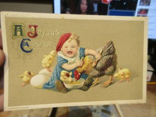 Vintage Old Antique Victorian Era Postcard Happy Easter Rooster Hen Chicks Baby