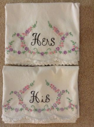Vintage His And Hers Pillowcases White With Pink & Purple Embroidered Flowers