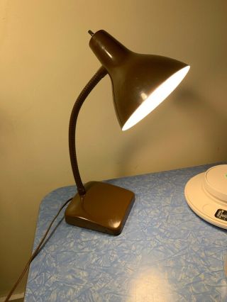Vintage Mid Century Modern Brown Metal Cone Gooseneck Desk Lamp Work Bench