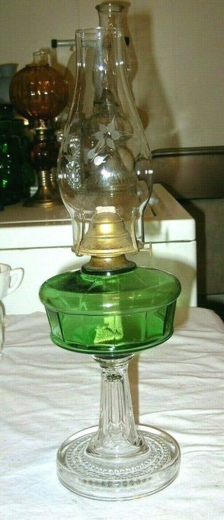 Vintage Clear & Green Pressed Glass Oil Lamp 1 Burner Good