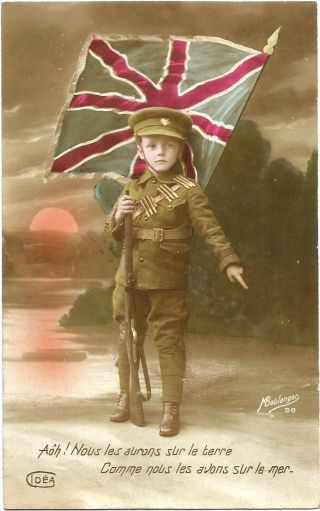 Ww1,  British Boy Soldier With Flag.  Write On Back.
