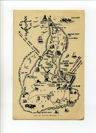 Block Island Ri 1936 Antique Postcard,  Map,  Cartoon Images,  Chatty Message