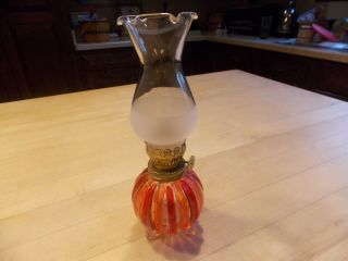 Vintage Orange And Red Stripped Footed Miniature Oil Lamp 8 Inches