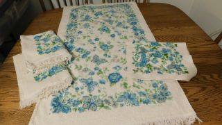 5 Piece Set Blue Floral All Cotton Cannon Bath Towel 2 Wash 2 Face Guc Fringes