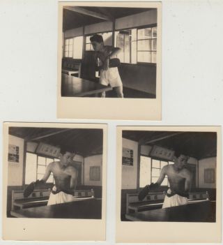 Vintage Photo / Young Man Playing Ping Pong / Set Of 3 / Japanese / C.  1950s