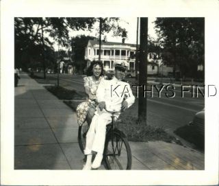 Found B&w Photo A,  0070 Soldier Sitting On Bicycle With Woman