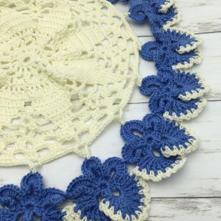 N42 Hand Crocheted Doily White and Blue Floral 21 