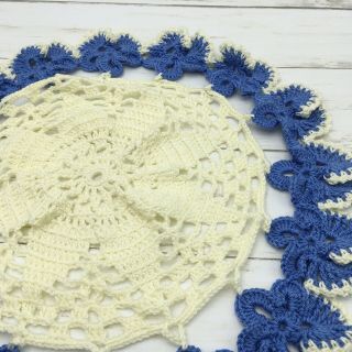 N42 Hand Crocheted Doily White and Blue Floral 21 
