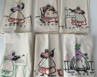 Set Of 6 Embroidered Dish Towels,  Mammy Patterns And Days Of Week.
