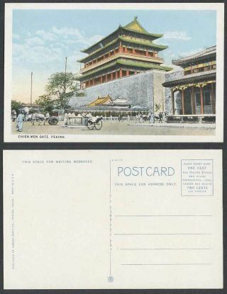China Old Colour Postcard Chien Men Gate Peking Street Scene Rickshaw And Coolie